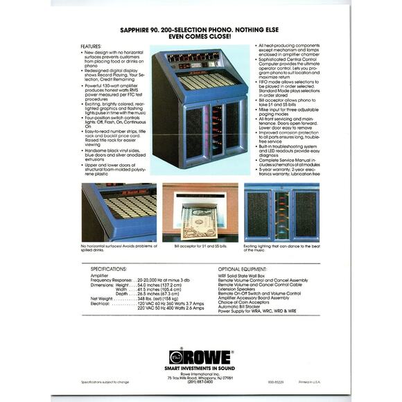 1970s Rowe Sapphire 90 Jukebox Flyer Vintage Stereo Music Machine - Picture 2 of 2